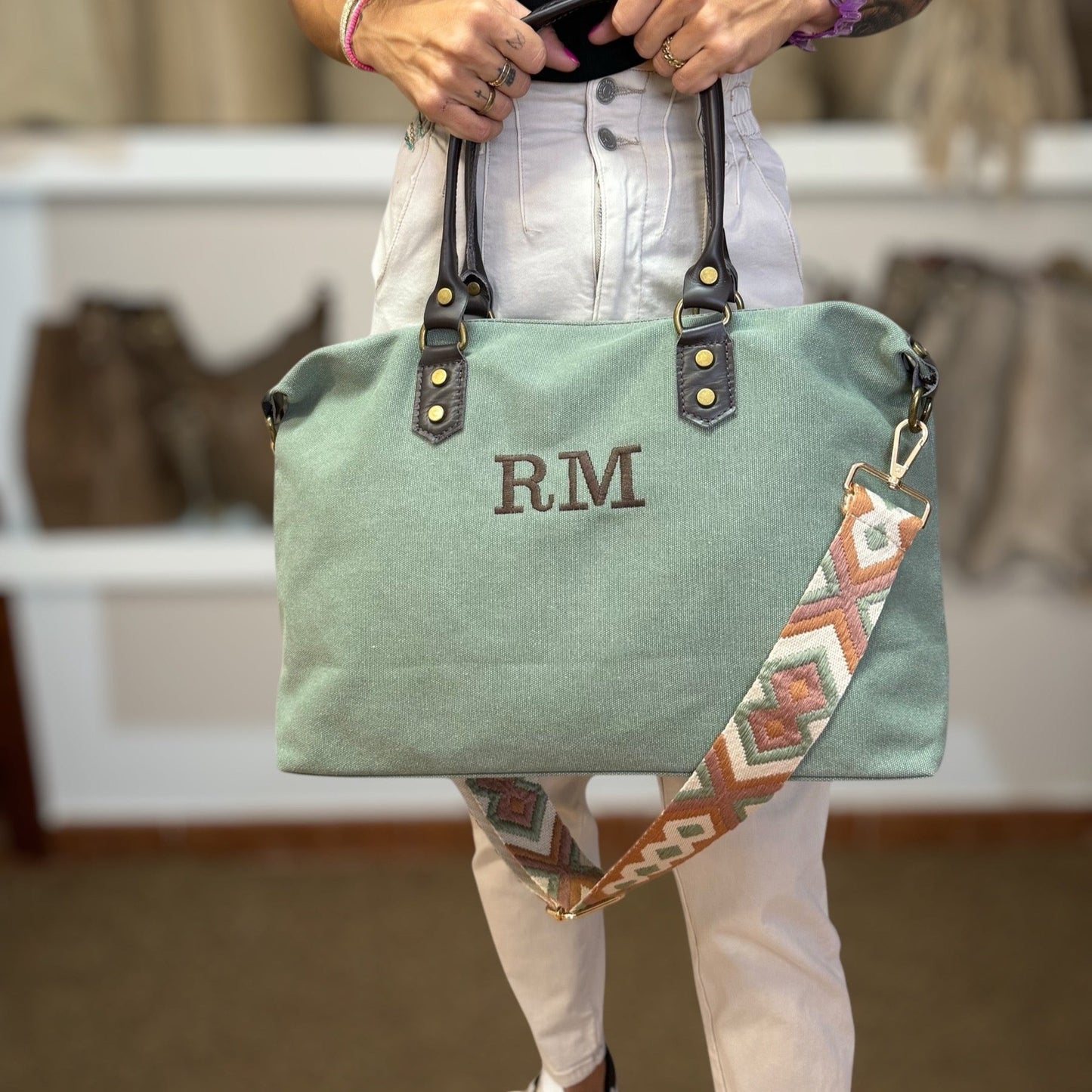 Bolso combinado loneta y piel personalizado - Color caqui