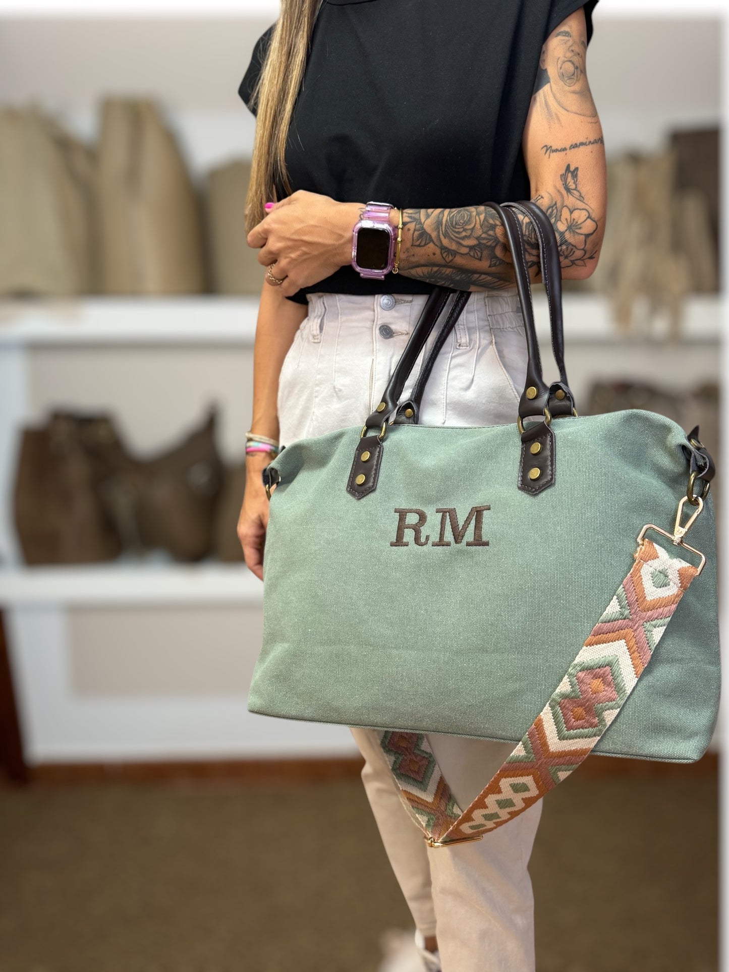 Bolso combinado loneta y piel personalizado - Color caqui