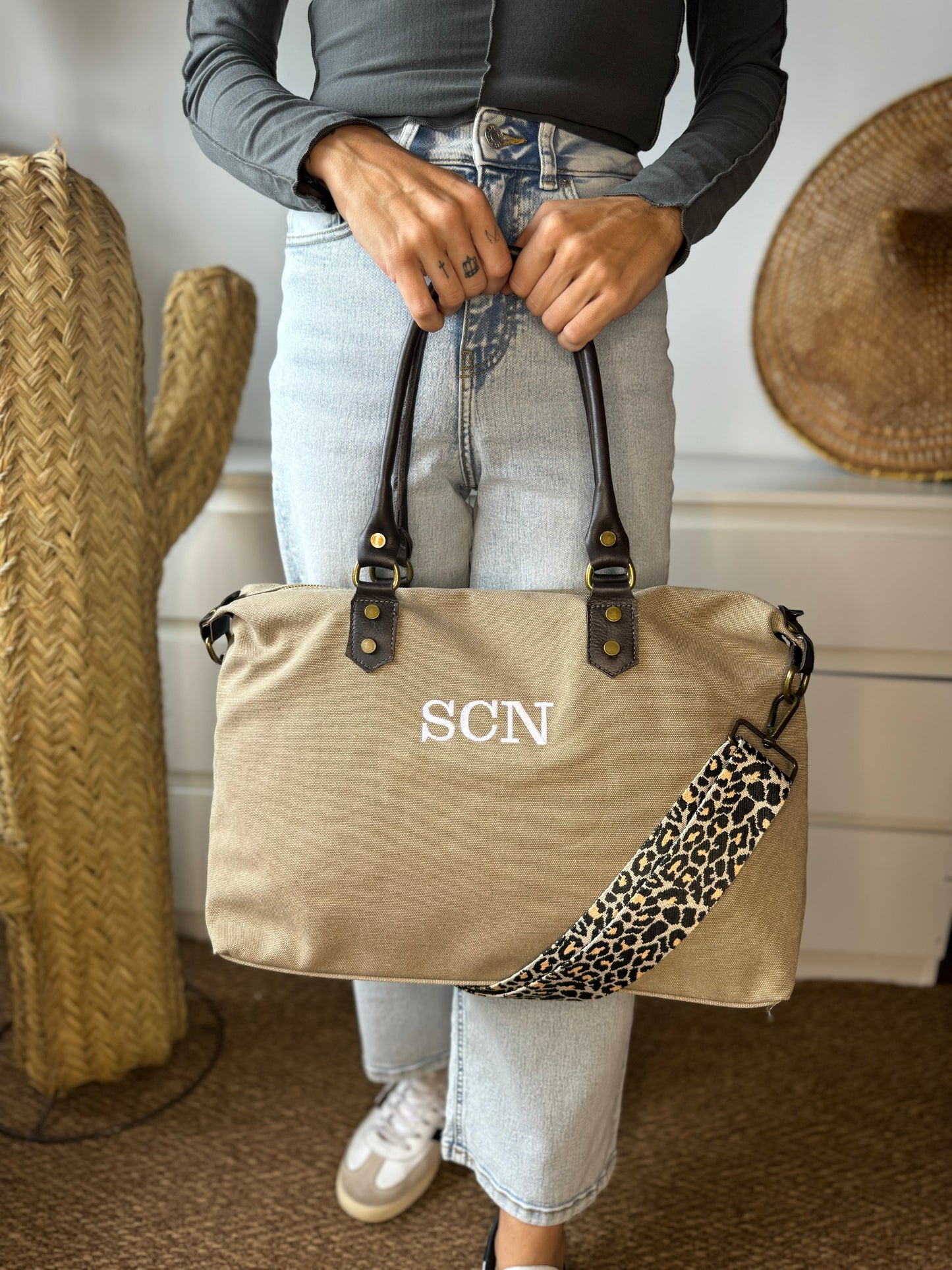 Bolso combinado loneta y piel personalizado - Color caqui