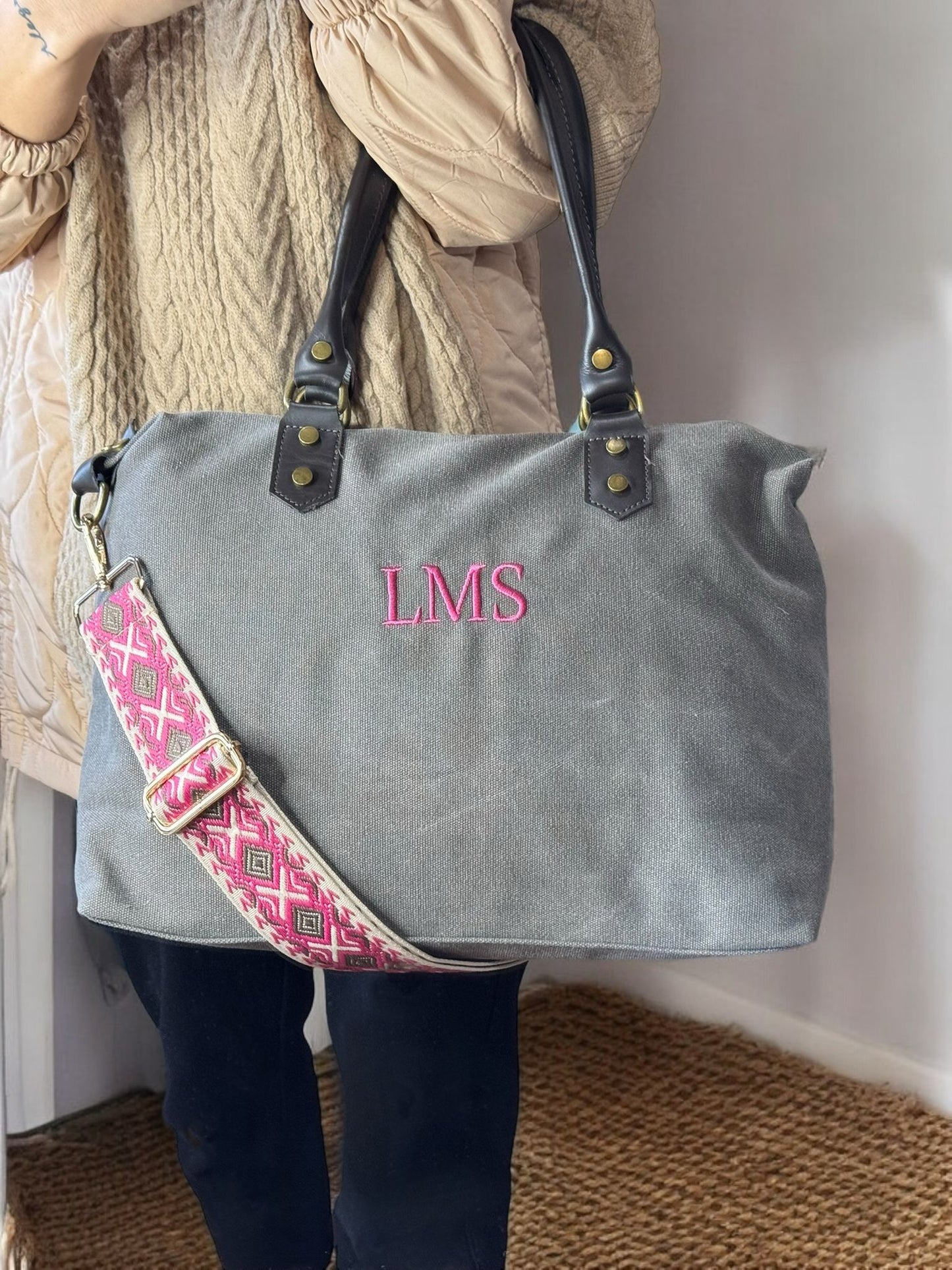 Bolso combinado loneta y piel personalizado - Color Gris Marengo