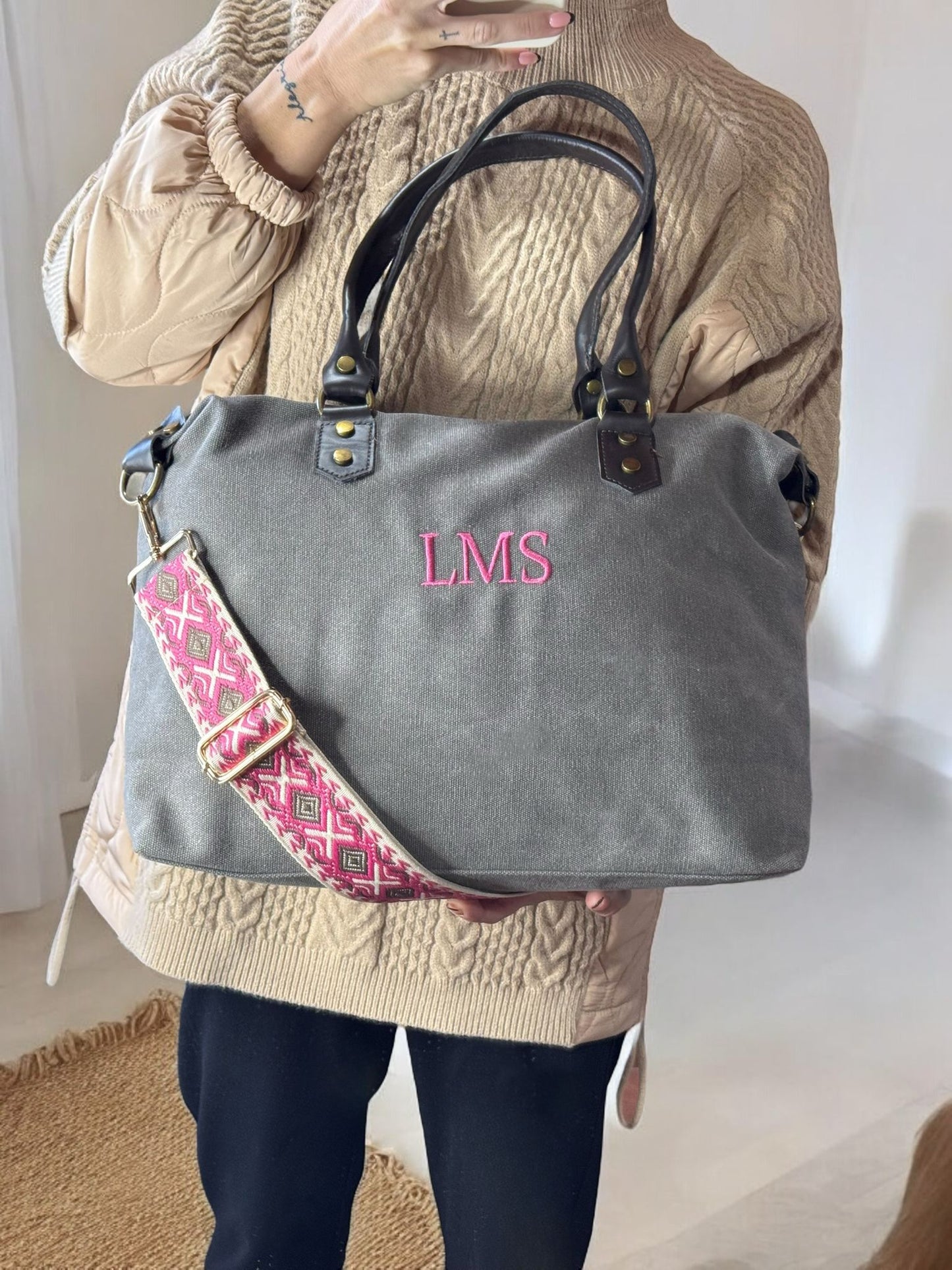 Bolso combinado loneta y piel personalizado - Color Gris Marengo