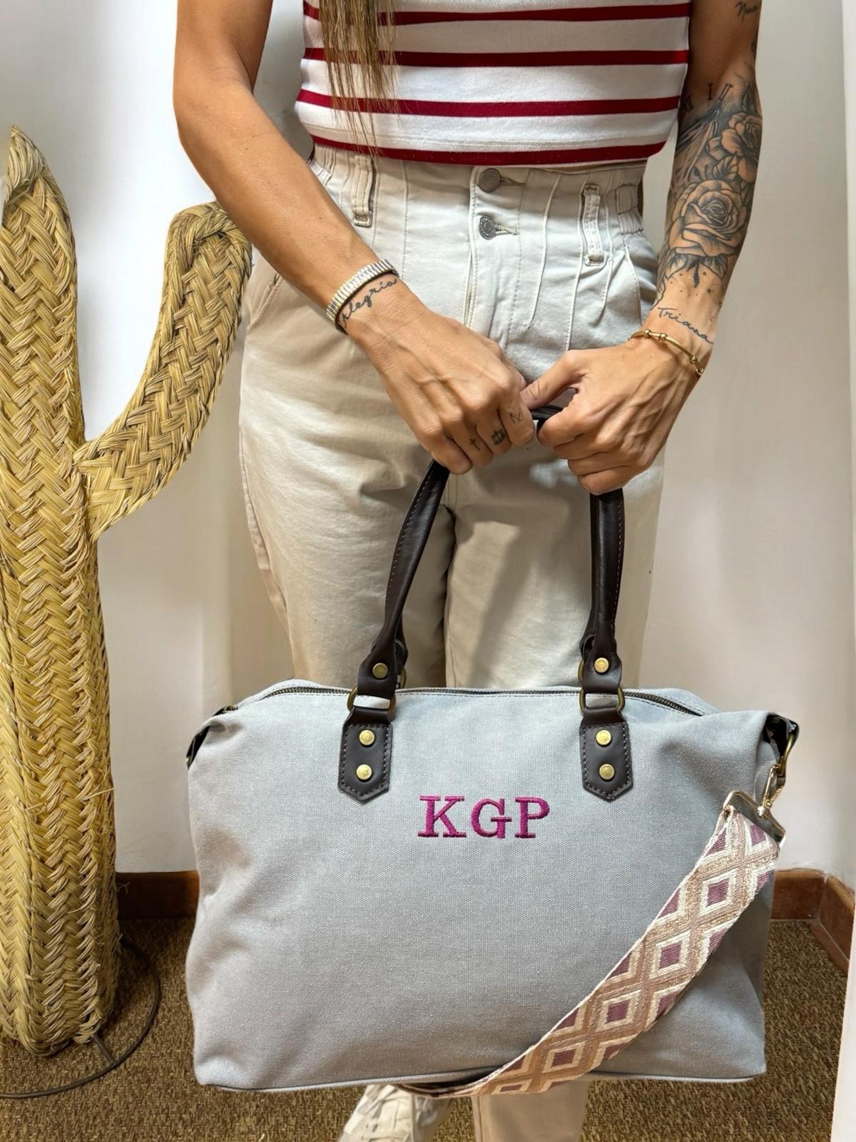 Bolso combinado loneta y piel personalizado - Color gris claro