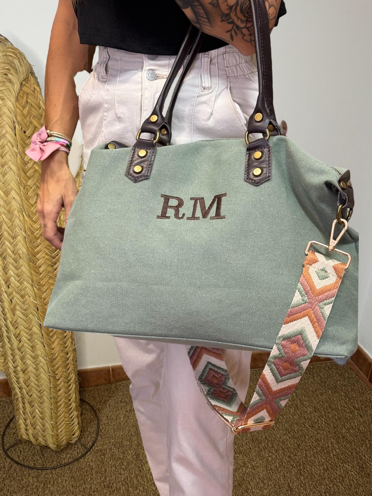 Bolso combinado loneta y piel personalizado - Color gris claro