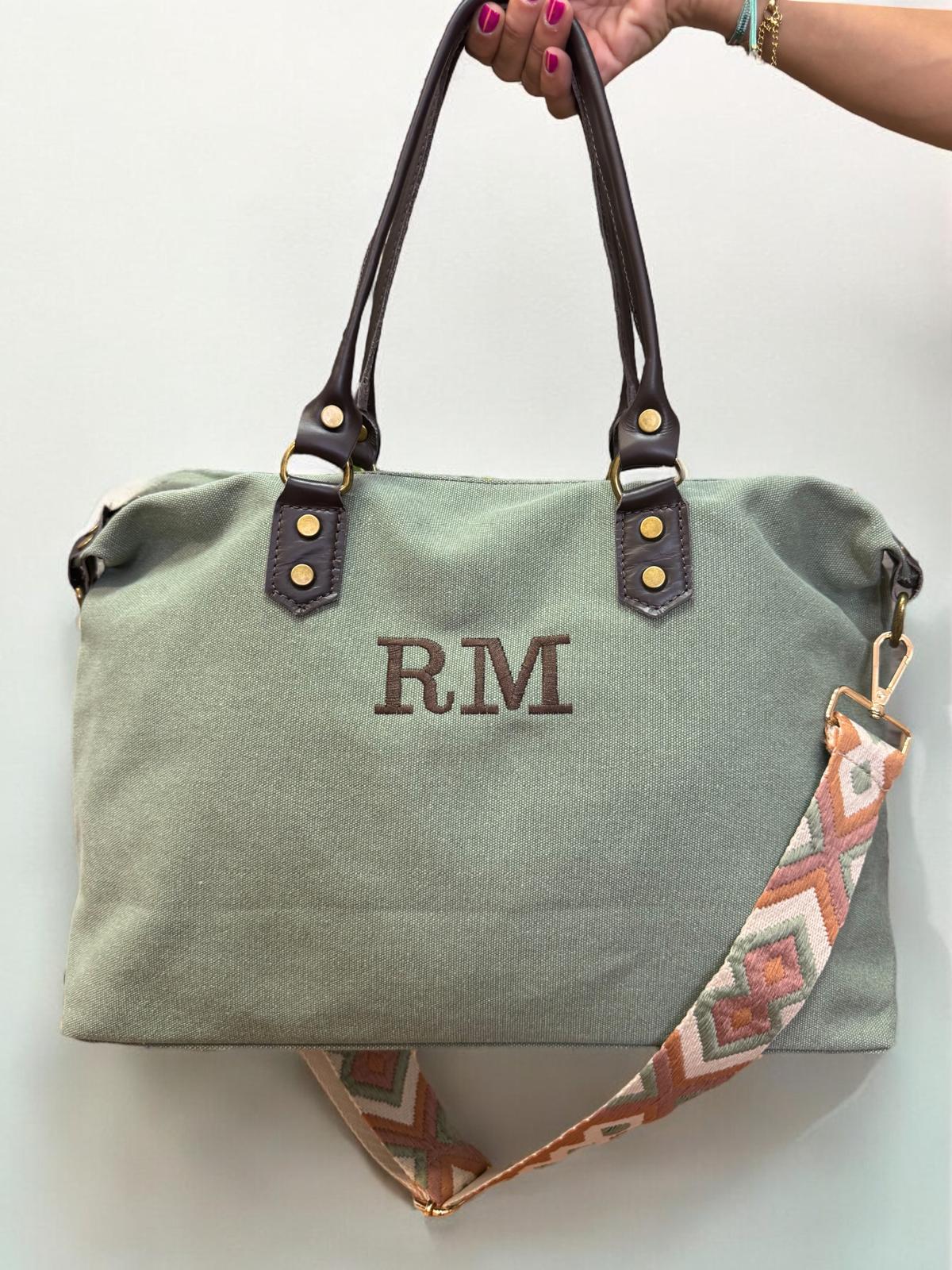 Bolso combinado piel y loneta - Color Teja