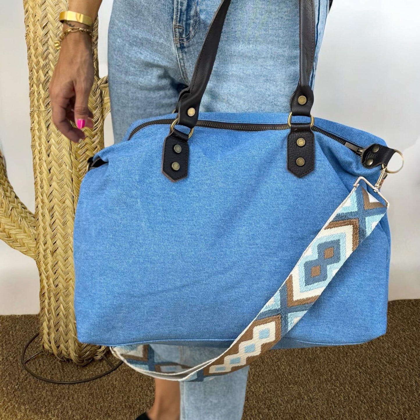 Bolso combinado loneta y piel personalizado - Color gris claro