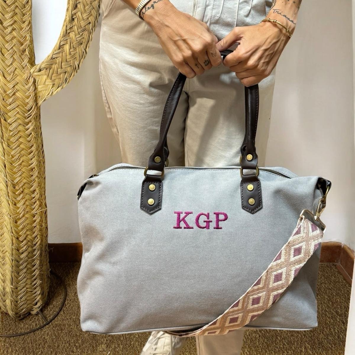 Bolso combinado loneta y piel personalizado - Color caqui