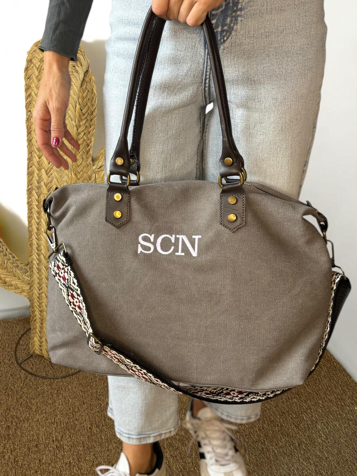 Bolso combinado loneta y piel personalizado - Color gris claro
