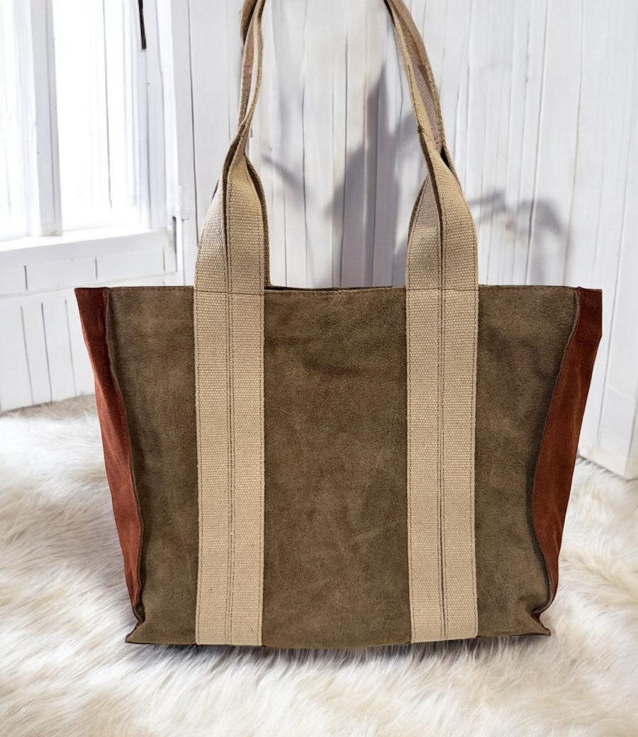 Bolso piel de ante negro, teja y beige combinado con asas de loneta