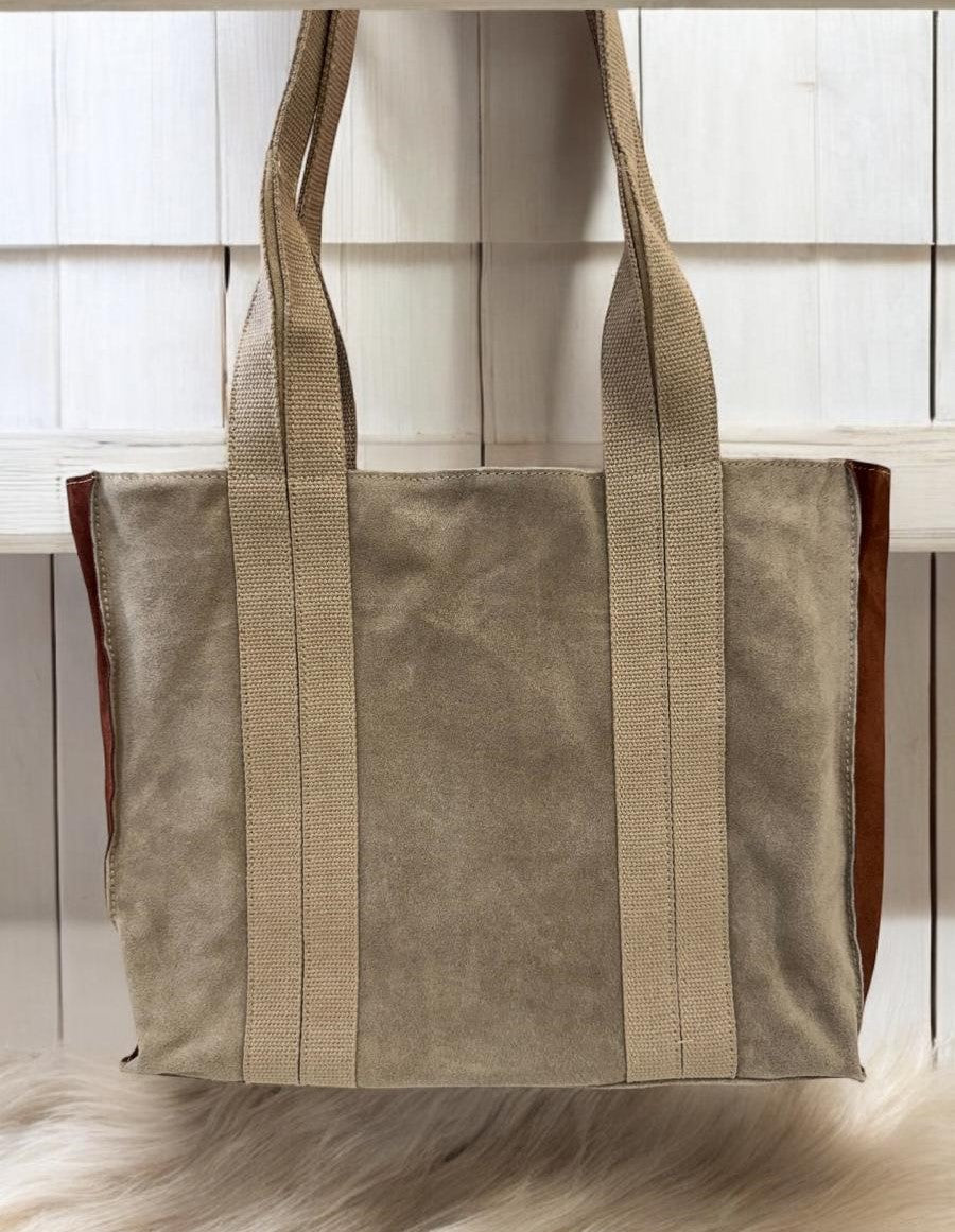 Bolso piel de ante negro, teja y beige combinado con asas de loneta