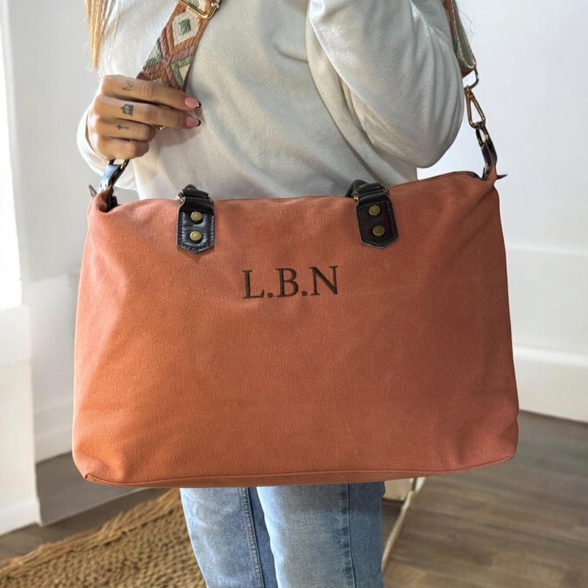 Bolso combinado piel y loneta - Color Teja