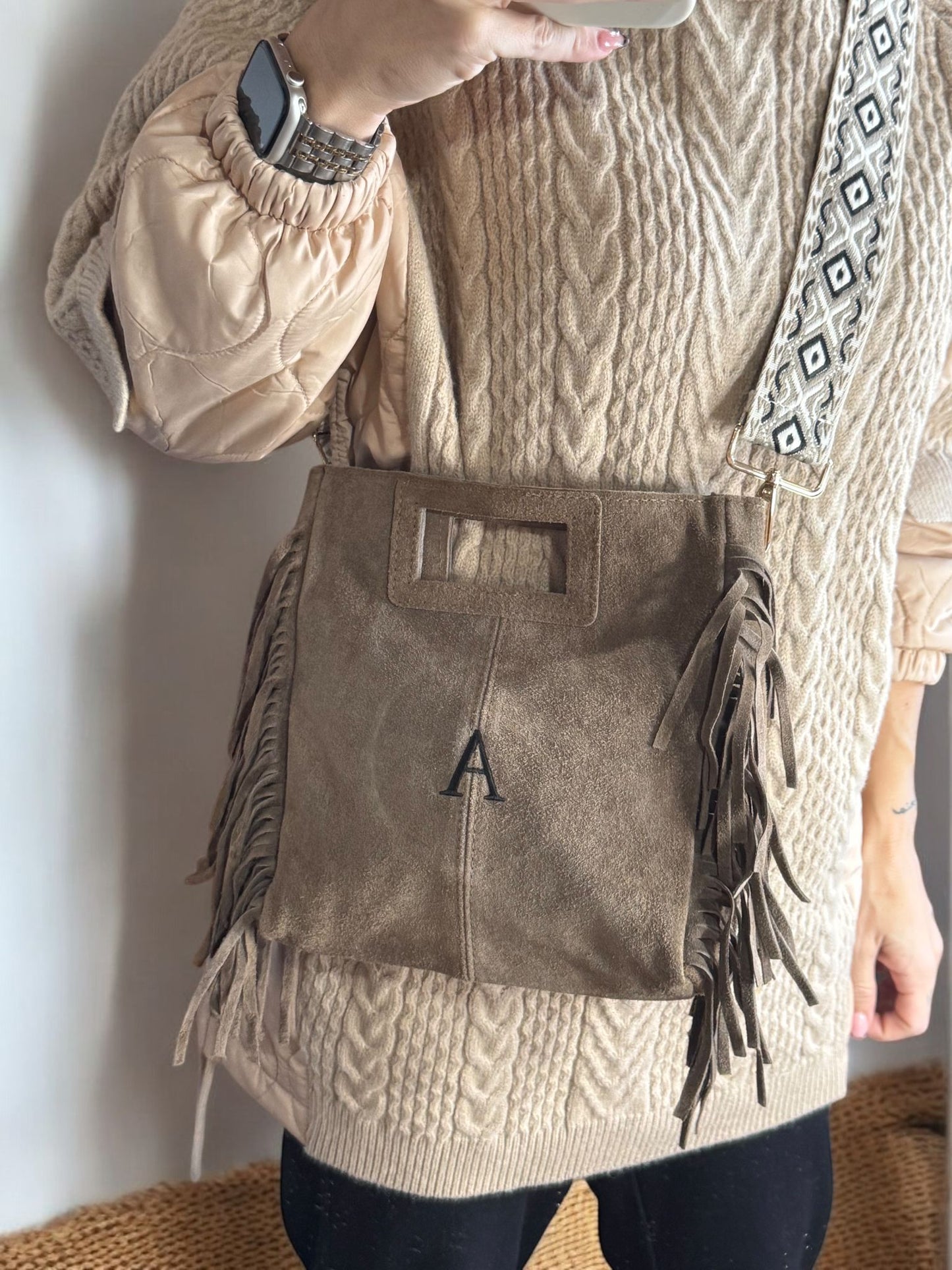 Bolso flecos piel de ante - Color Taupe