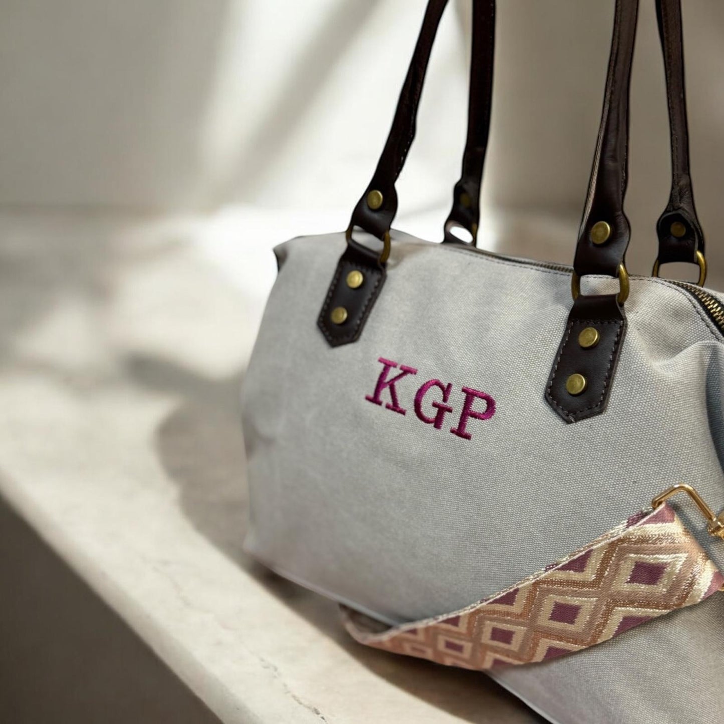 Bolso combinado loneta y piel personalizado - Color gris claro