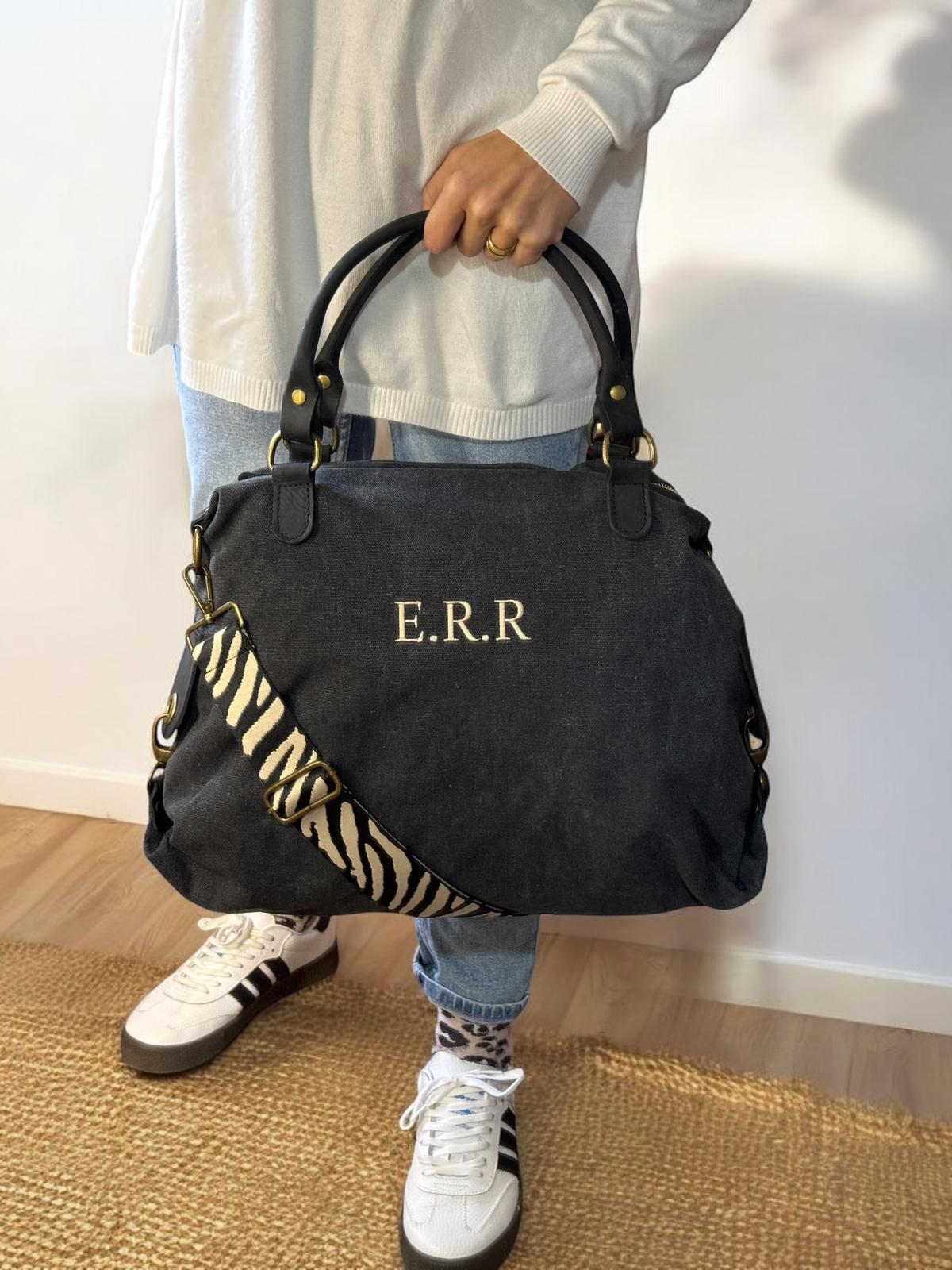 Bolso combinado loneta y piel personalizado - Color Negro