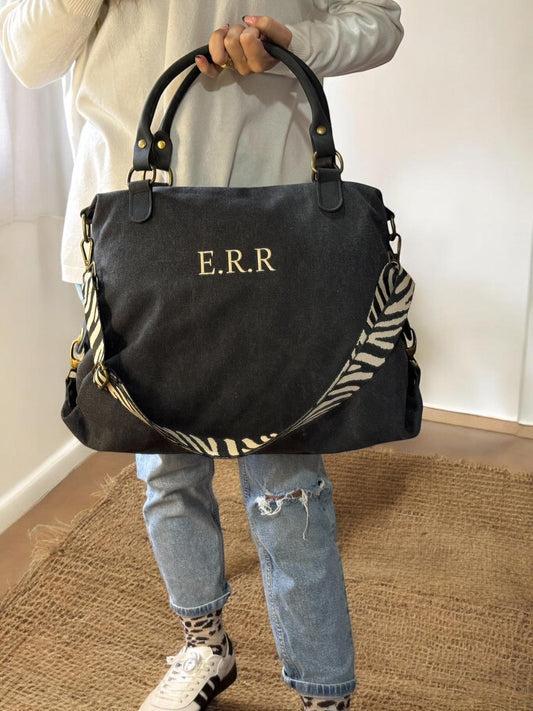 BOLSO OVAL LONETA Y PIEL - NEGRO