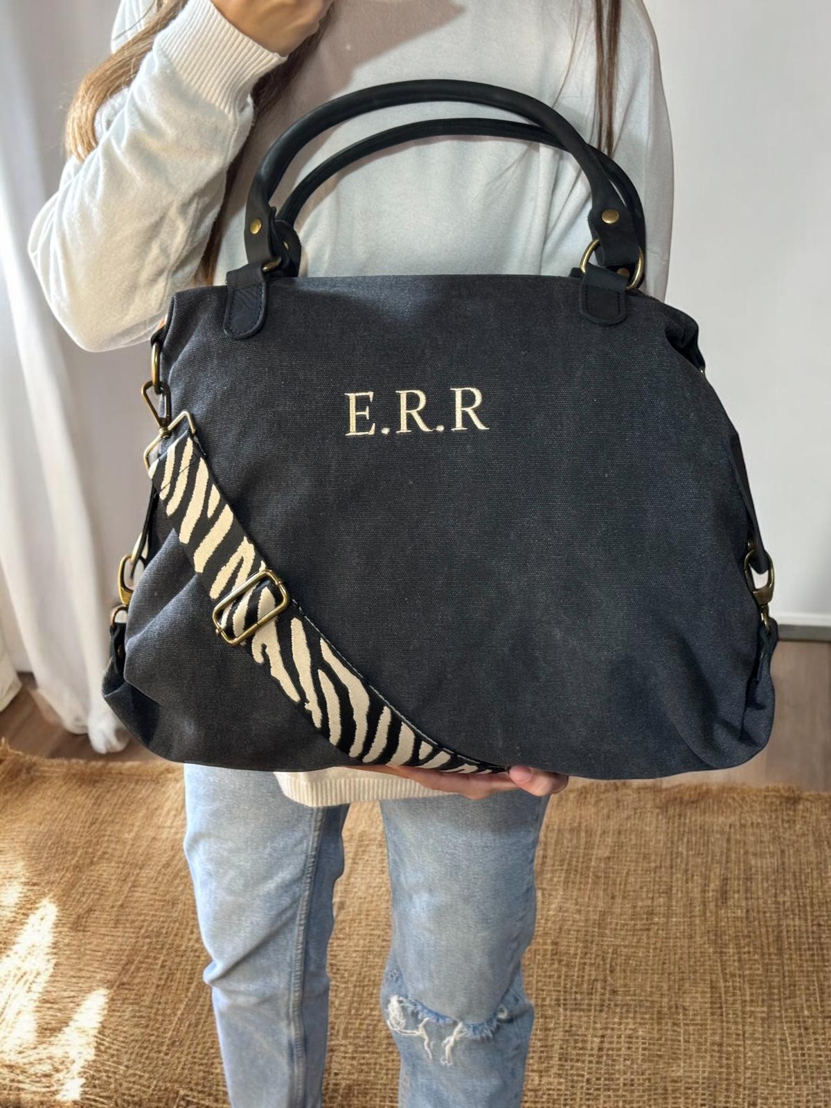 Bolso combinado loneta y piel personalizado - Color Negro
