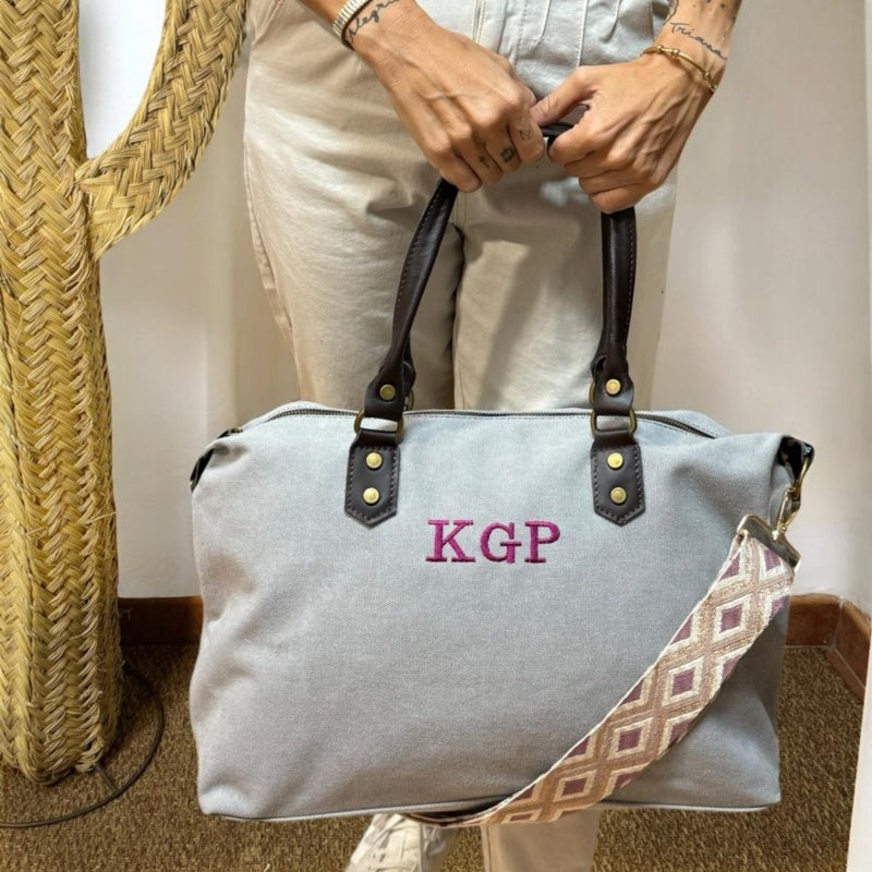 Bolso combinado loneta y piel personalizado - Color gris claro