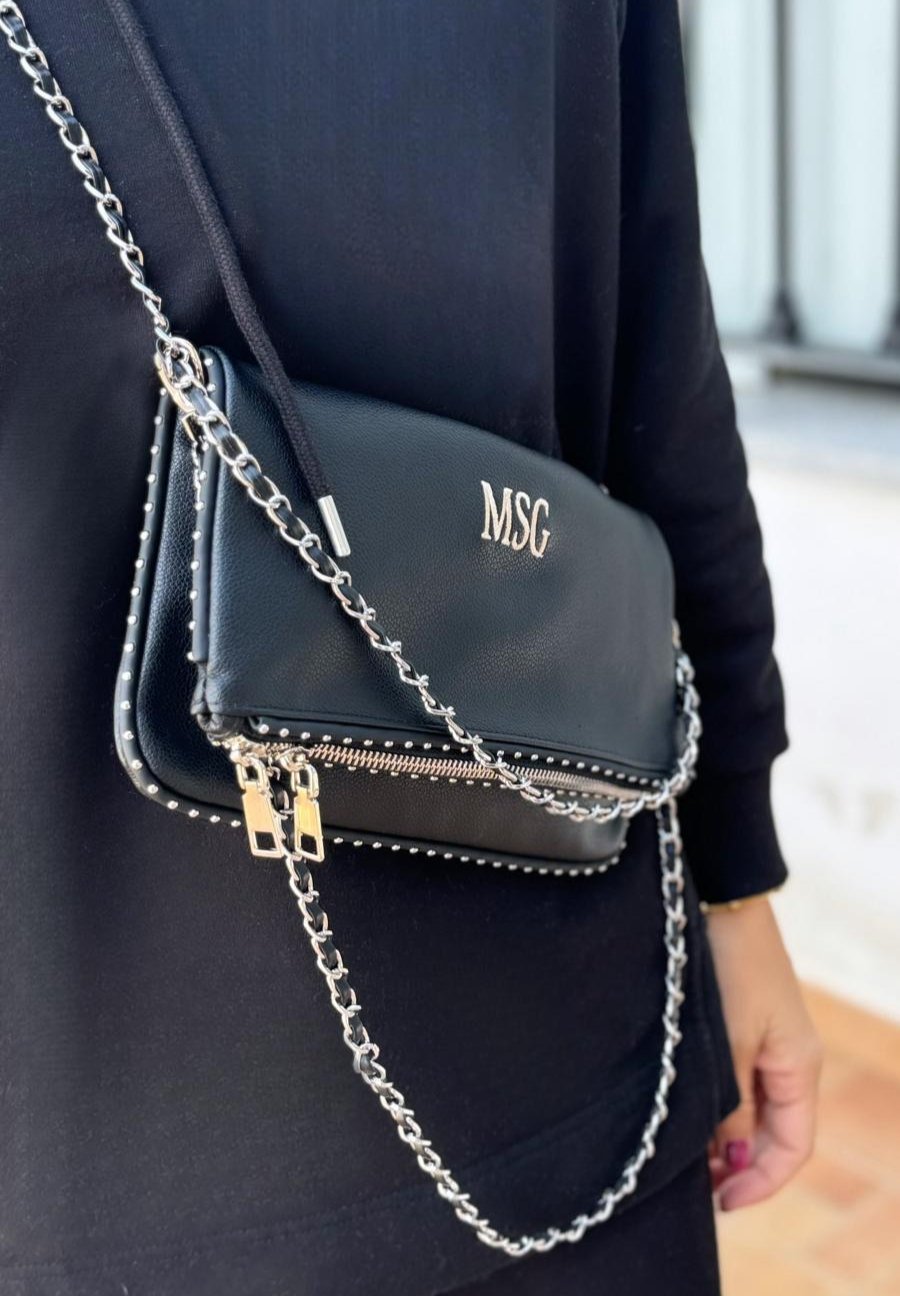 Bolso doble cadena efecto piel - Color negro
